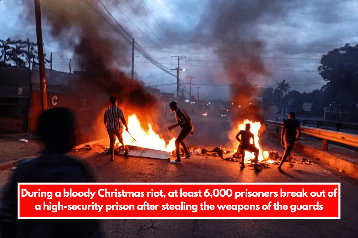 During a bloody Christmas riot, at least 6,000 prisoners break out of a high-security prison after stealing the weapons of the guards