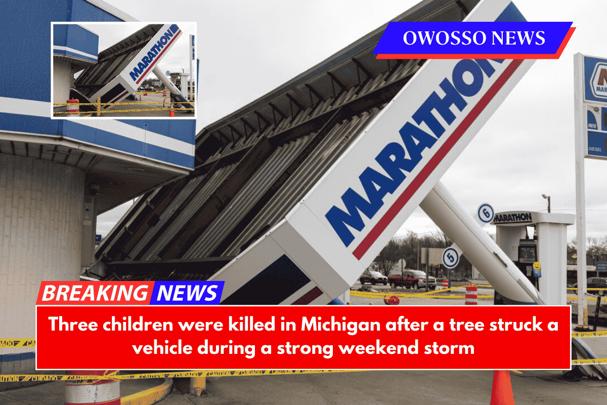 Three children were killed in Michigan after a tree struck a vehicle during a strong weekend storm